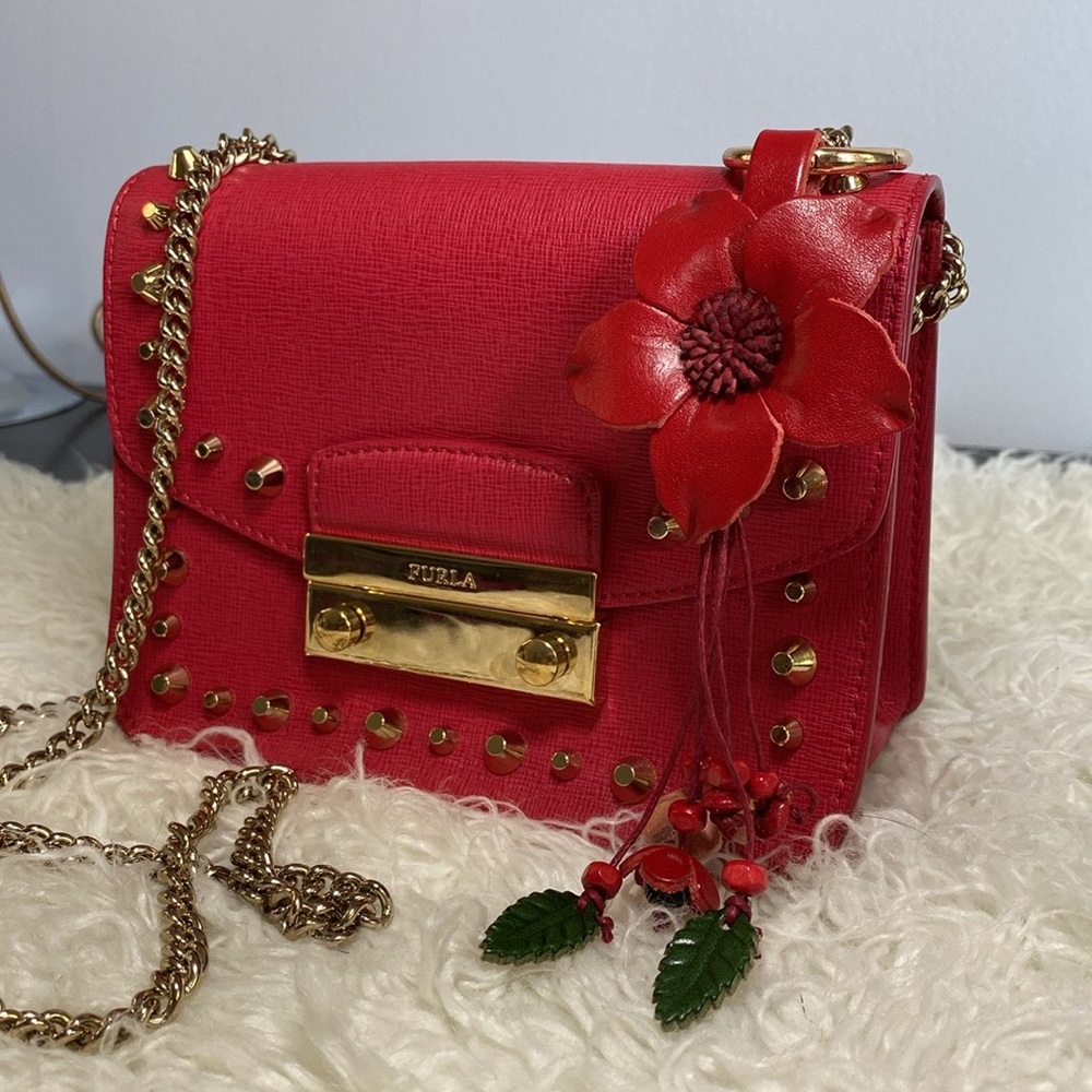 Furla Red Leather Studded Crossbody Bag NWOT